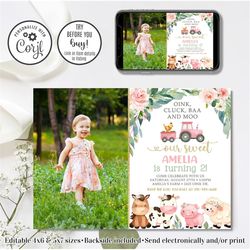 Editable Floral Farm Invitation, Girl Farm Birthday Invitation, Oink Cluck Baa and Moo, Girl Invitation, 4x6 & 5x7