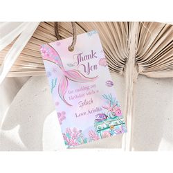Editable Mermaid Favor Tags Pink Purple Girl Favor Gift Tag Under the Sea Birthday Party Thank You Tags Template Printab