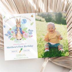 Peter Rabbit Birthday Invitation With Photo Bunny Invitation With Picture First Birthday Party Flopsy Bunny Invite EDITA