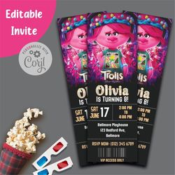 Trolls Band Together Invitation Trolls Band Together Birthday Invitation Trolls Movie Ticket Invite Girl Movie Pass Part