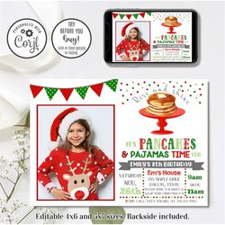 Editable Christmas Birthday Invitation, Christmas Pancakes Invitation, 4x6 & 5x7