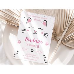Editable Kitten Birthday Party Invitation Template Cute Cat Girl Bday Invite Are You Kitten Me Right Meow Baby Pink Girl