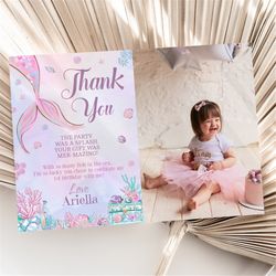 Mermaid Thank You Card With Photo Under The Sea Thank You Note With Picture Splish Splash Birthday Party Ocean Girl Than