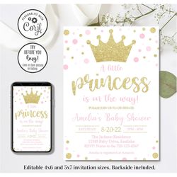 Editable Princess Baby Shower Invitation, Girl Baby Shower Invitation, 4x6 & 5x7