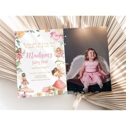 Fairy First Birthday Invitation with Photo My Fairy First Invitation Picture Enchanted Garden Party Girl Invite Forest E