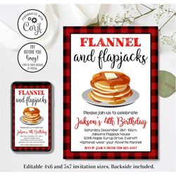 Editable Flannel and Flapjacks Invitation, Pancake Birthday Invitation, Flannel Invitation, Flapjack Invitation, 4x6 & 5