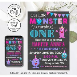 Editable Girl Monster Invitation, Monster Birthday Invitation, Our Little Monster, 4x6 & 5x7
