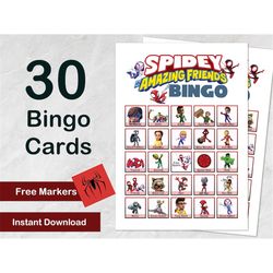 Spidey Bingo Game- 30 cards, Spidey and His Amazing Friends Birthday Party Activity Kids, Instant Digital Download, Prin