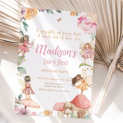 Fairy First Birthday Invitation Enchanted Forest Girl 1st Birthday Party Invite Fairy Garden Floral Fairy 1st Editable I