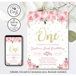 Editable Floral 1st Birthday Invitation, Girl 1st Birthday Invitation, First Birthday Invitation, Flower Invitation, 4x6