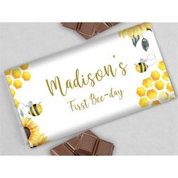 Bee Chocolate Label Bee Birthday Candy Wrapper First Bee Day Candy Bar 1st Bee Day Favor 1.55 oz Chocolate Bar EDITABLE