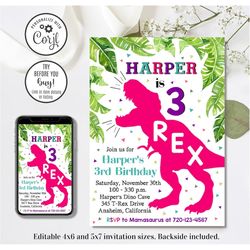 Editable Three Rex Invitation, Dinosaur Invitation, Girl 3rd Birthday Invitation, 4x6 & 5x7