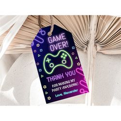 Video Game Favor Tag Game Over Tag Gamer Birthday Tag Neon Arcade Party Thank You Tags Gaming Party Tags EDITABLE Instan