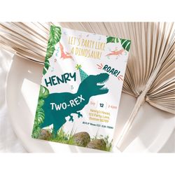 Editable Dinosaur 2nd Birthday Invitation Two Rex TRex Party Invite Template Boy Second Bday Party Green Dino Instant Di
