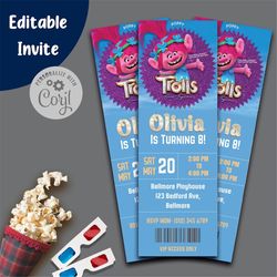 Trolls Band Together Invitation Trolls Band Together Birthday Invitation Trolls Movie Ticket Invite Movie Pass Girl Part