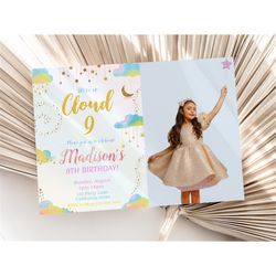 On Cloud 9 Birthday Invitation with Photo Cloud 9 Invitation Picture Cloud Nine Birthday Invitation Girl 9th Editable In