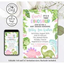 editable girl dinosaur baby shower invitation, girl baby shower invitation, dinosaur baby sprinkle, 4x6 & 5x7