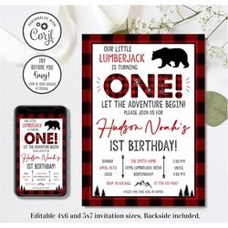 Editable Lumberjack Birthday Invitation, Lumberjack Invitation, Bear Invitation, Mountains Invitation, 4x6 & 5x7
