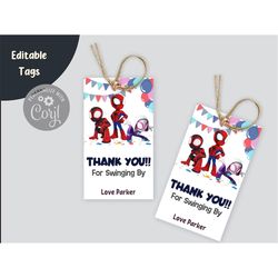 Spidey and his amazing friends Favor Tag, Spidey Gift Tag Template, Editable Thank You Tags kids boy, Printable, Instant