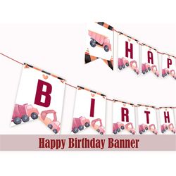 Construction Birthday Banner Dump Truck Decoration Digger Bunting Decor Pink Excavator Party Construction Site Girl Flag