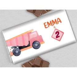Construction Chocolate Label Pink Dump Truck Candy Bar Wrapper Digger Cover Excavator Girl Birthday Favor 1.55 oz Chocol