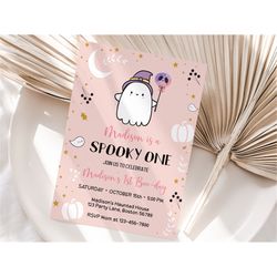 Editable Spooky One Halloween 1st Birthday Invitation Cute Pink Ghost First Girl Birthday Party Invite Template Instant