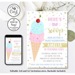Editable Ice Cream Invitation, Ice Cream Birthday Invitation, Sweet Celebration, 4x6 & 5x7