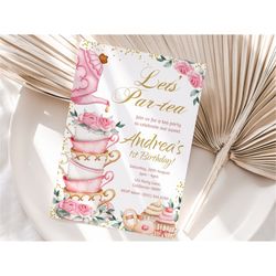 Tea Party Birthday Invitation Par-tea Invitation Pink and Gold Whimsical Tea Party Invite High Tea Floral Girl EDITABLE