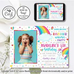 Editable Rainbow Unicorn Invitation, Rainbow Birthday Invitation, Unicorn Birthday invitation, 4x6 & 5x7