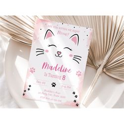 Kitten Birthday Invitation Editable Cute Cat Girl Bday Party Invite Template Are You Kitten Me Right Meow Baby Pink Girl