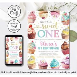 Editable Cupcake Invitation, Sweet One Invitation, Cupcake 1st Birthday, 1st Birthday Invitation, Sweet Celebration, 4x6