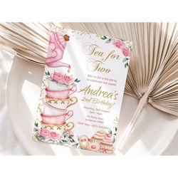 Tea for Two Birthday Invitation Tea for Two Invitation Tea Party 2nd Birthday Invite Second Birthday Pink Gold Floral ED