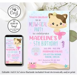 Editable Purrmaid Invitation, Mermaid Kitten Invitation, Mercat Invitation, 4x6 & 5x7