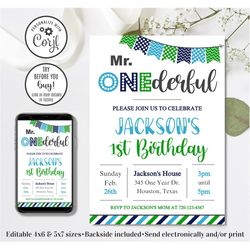 Editable Mr Onederful Invitation, Boy 1st Birthday Invitation, Onederful Birthday, Mr Wonderful, 4x6 & 5x7