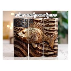 3D American Engraved Leather Wood Bass Fish 20 oz Skinny Tumbler, Sublimation Design, Straight Tumbler Wrap PNG,Download