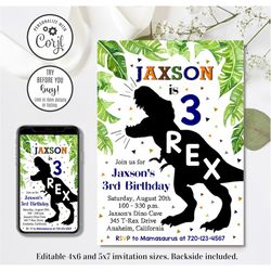 Editable Three Rex Invitation, Dinosaur Invitation, Dinosaur 3rd Birthday Invitation, Dino Invitation, 3rd Birthday, 4x6