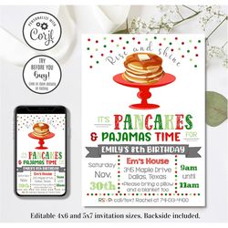 Editable Christmas Birthday Invitation, Christmas Pancakes Invitation, Christmas PJs, Kids Holiday Party, 4x6 & 5x7
