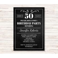 Black Birthday Invitations, ANY age, INSTANT DOWNLOAD Digital Template, White and Black Chalkboard Invitation, Cheers to