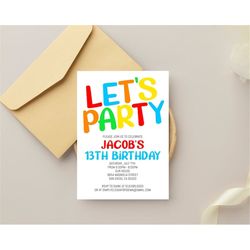 Simple Colorful Birthday Invitation Template, ANY AGE, Instant Download Birthday Invitation for Boys Teens Kids Girls Ad