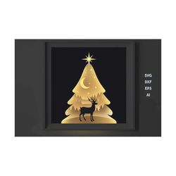 christmas shadow box svg file, christmas tree 3d scene svg, christmas lightbox svg, christmas 3d paper cut template, layered reindeer svg