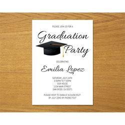 Graduation Party Invitation Template, Graduation Announcement, Graduation Cap, Printable Graduation Invitation, High Sch