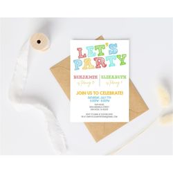 Colorful Joint Birthday Party Invitation Template, Modern Minimalist Double Birthday Party, Siblings Birthday Party Invi