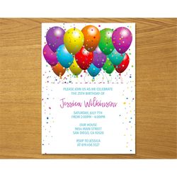 colorful balloons birthday invitation template, editable birthday invitations, balloons birthday party invitations for b