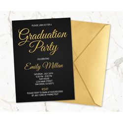 Gold & Black Graduation Announcement, Black Graduation Party Invitation Template, College Graduation, High School Gradua