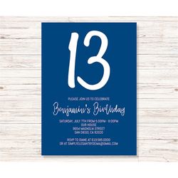 Blue Boys Simple Birthday Invitation Template, ANY AGE and COLOR, Instant Download, Boys Navy Blue Birthday Invitation,