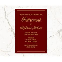 Gold & Red Retirement Invitations/Printable Golden Burgundy Frame Retirement Invitations for Men Women/Instant Download/