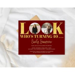 gold & red birthday invitations for men women, modern gold burgundy birthday, photo birthday invitation template/any age