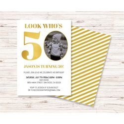 Metallic Gold Birthday Invitation for Men Women, Modern Golden Birthday Invite, Photo Birthday Invitation Template/ANY A