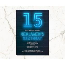 Blue Birthday Party Invitation for Boys Teens Kids/ANY AGE/Neon Blue Birthday Invitation Template/Instant Download/Glow