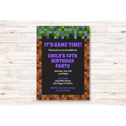 Purple Pixelated Invitation for Girls, Purple Minecraft Invitations for Girls, Pixel Birthday Invitation, Minecraft Game